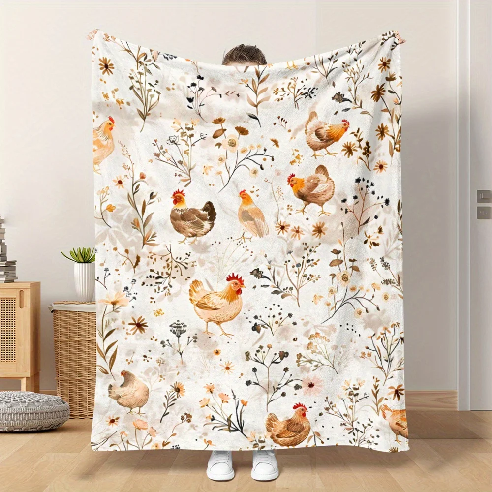 Vintage Watercolor Farm Chick and Floral Print Flannel Blanket - Soft, Warm Digital Printed Polyester Knit Quilt