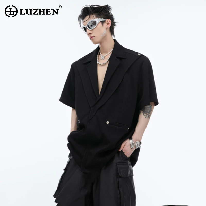 

LUZHEN Fashion Casual Short Sleeve V Neck Shirts Men's 2024 Street Trendy Summer Original Niche Design Solid Color Tops LZ4010