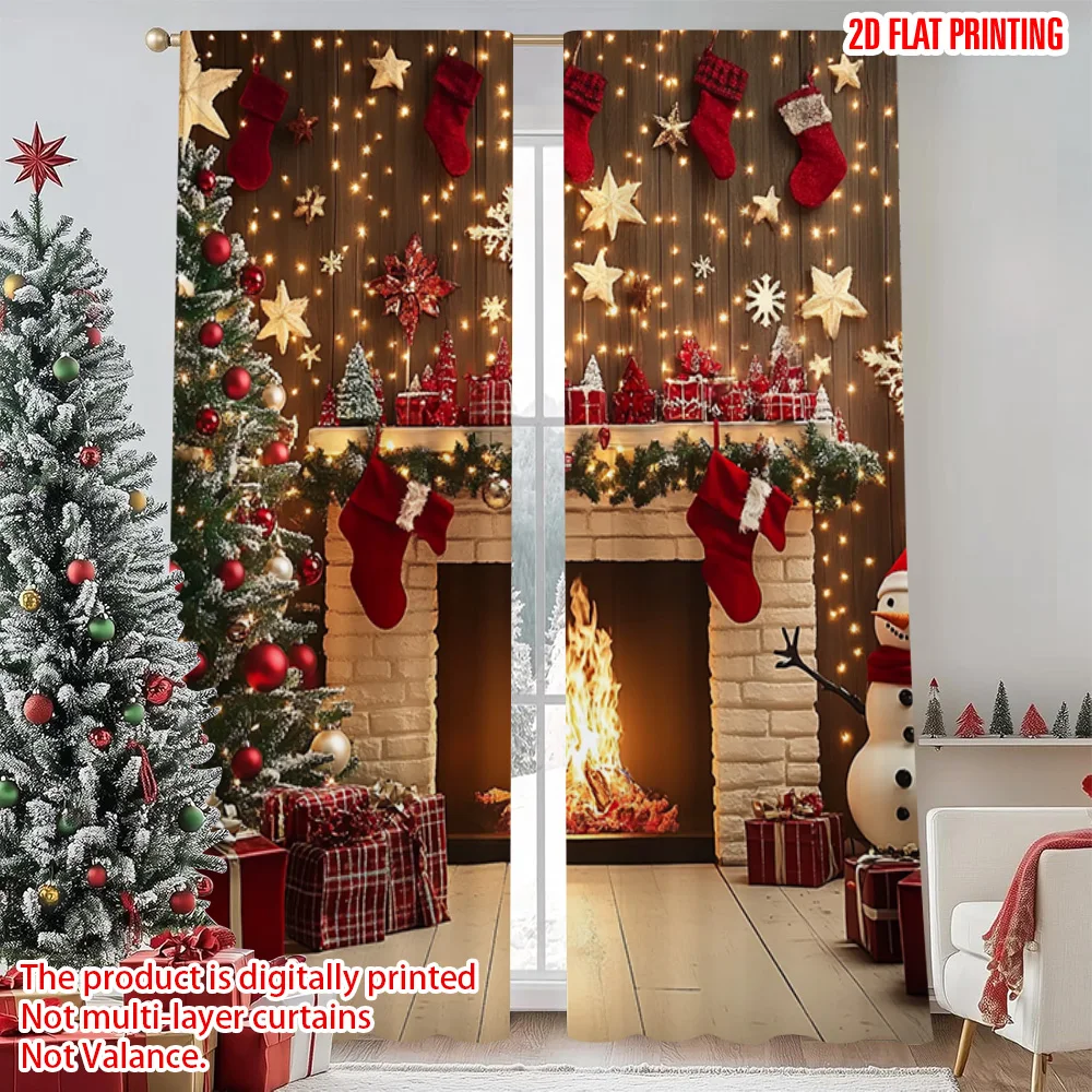 

2pcs 2D flat printing Merry Christmas Curtain Snowman fireplace Machine Washable Fabric Without Electricity Spring Use for gold
