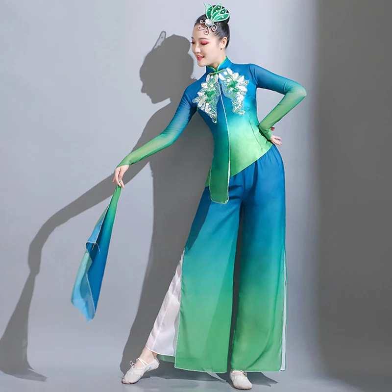 Classical dance performance costume, female fan dance set, Chinese style yangko dance costume