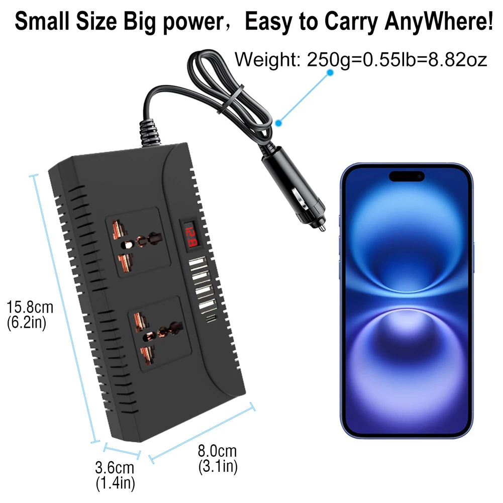 

150W Car Inverter DC 12V 24V to AC 110V 220V Vehicles Inverter Converter Power Adapter USB & Type C Port for Phone Laptop Tablet
