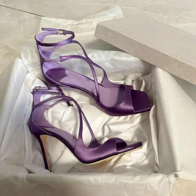 Star style Purple Satin Women Sandals Sexy Narrow Band Ankle Strap Stiletto High heels Gladiator Sandalias Summer Banquet Shoes