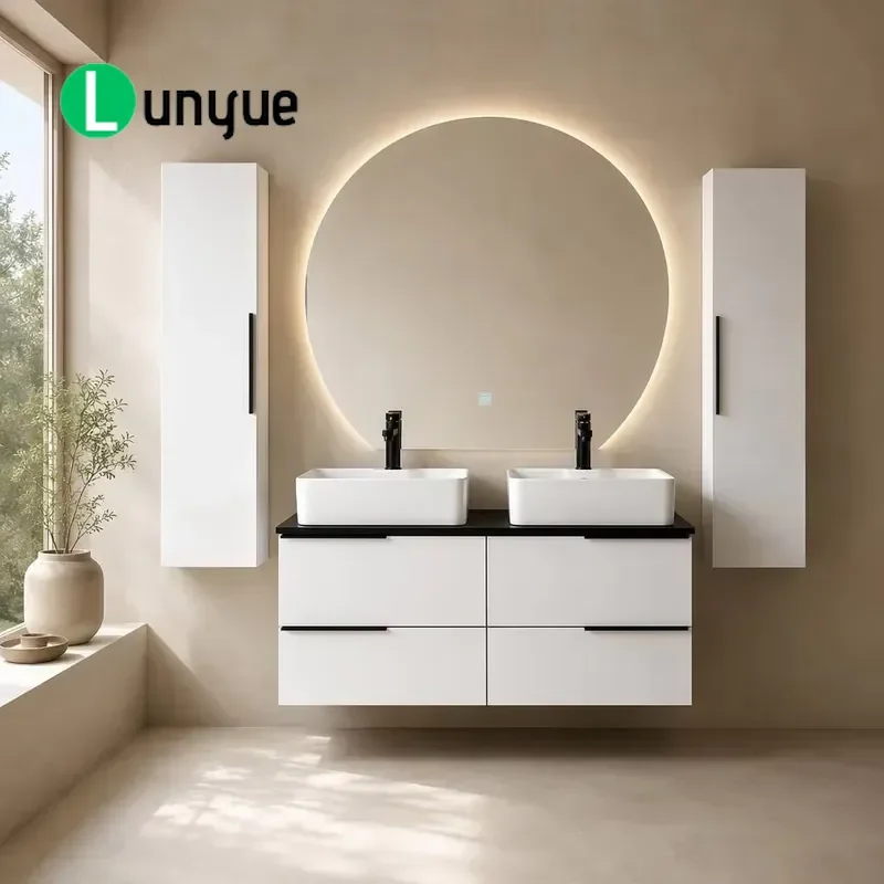 Modern White Double Sink Floating Bathroom Vanity 1200mm with Side Cabinets European Style Wall Mounted Storage Cabinet for
