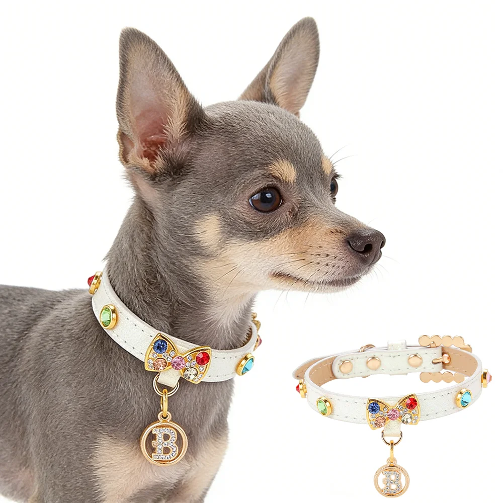 Luxury Diamond Puppy Collar Leather Pet Collar for Small Dogs Adjustable Necklace for Girl Dogs Cats with Rhinestone B Pendent