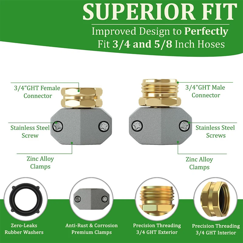 Garden Hose Repair Kit, Fits 3/4 and 5/8 Inch Hoses, Solid Male and Female Hose End Replacement, Water Hose Repair Fix Connector