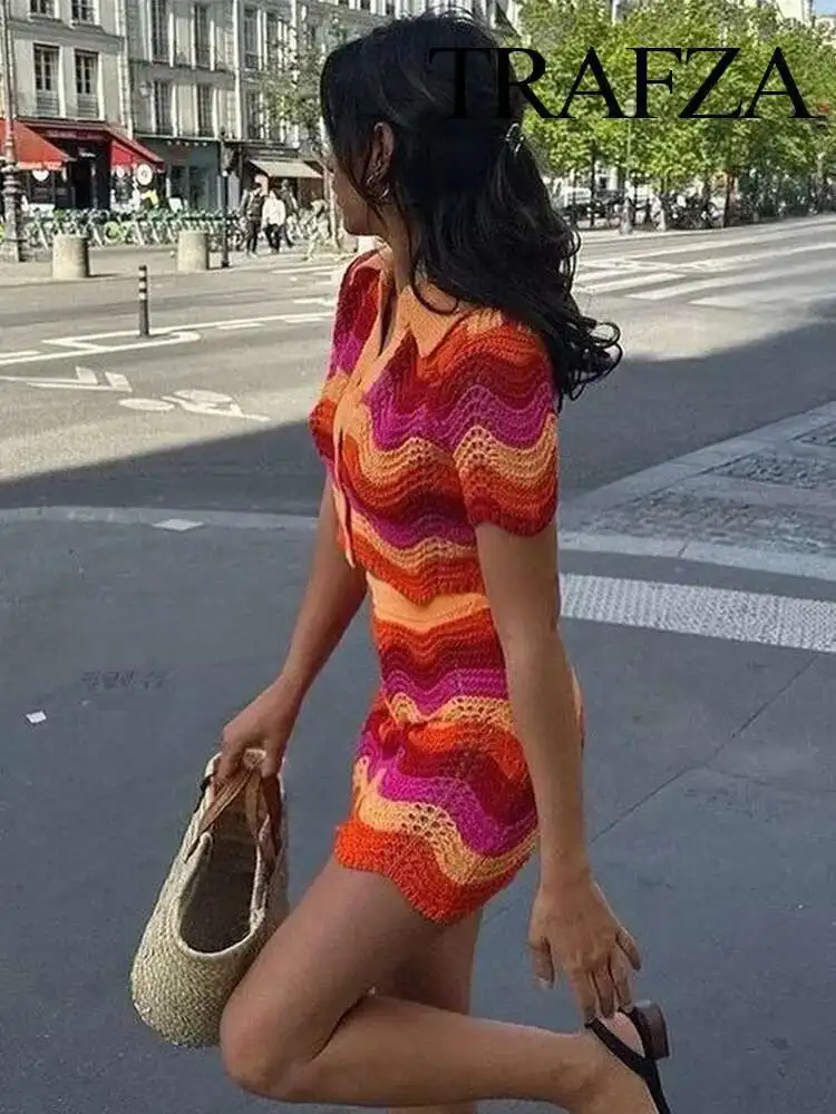 

New Women 2 Piece Set Elegant Knitted Hollow Single-Breasted Lapel Decorate Sweaters Short Top+Elastic Waist Slim Mini Skirt