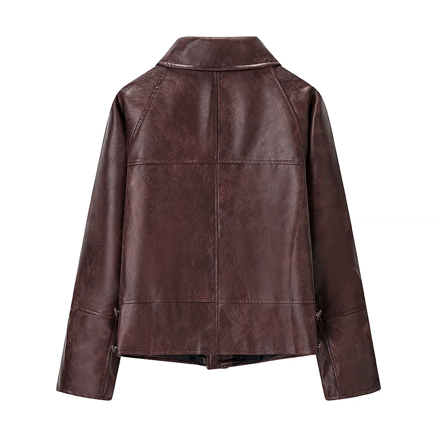 2025 Autumn American Retro Women Washing Brown PU Leather Jacket Lapel 3 Buttons Full Sleeve Coat Loose Short Outerwear