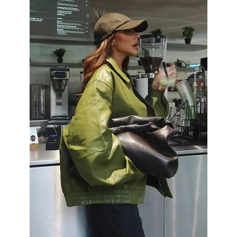 여성용 녹색 PU 가죽 재킷, 라플 지퍼, 루즈 풀 슬리브, 싱글 브레스트 크롭 코트, 2024 뉴 레이디 솔리드 스트리트웨어, 패션