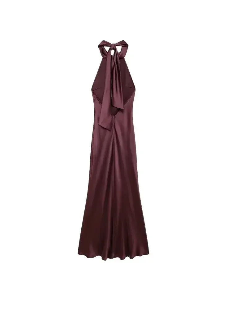 Langes Neckholder-Kleid aus Satin für Damen, rückenfrei, mit Schleife, Reißverschluss hinten, Damenkleider, sexy Mode