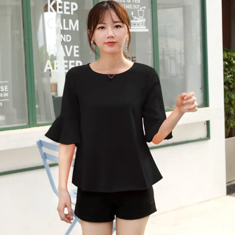 

Spring/summer New Short-sleeved Chiffon Top T-shirt Ladies Europe Station Loose Cover Bellies Foreign Style Little Shirt