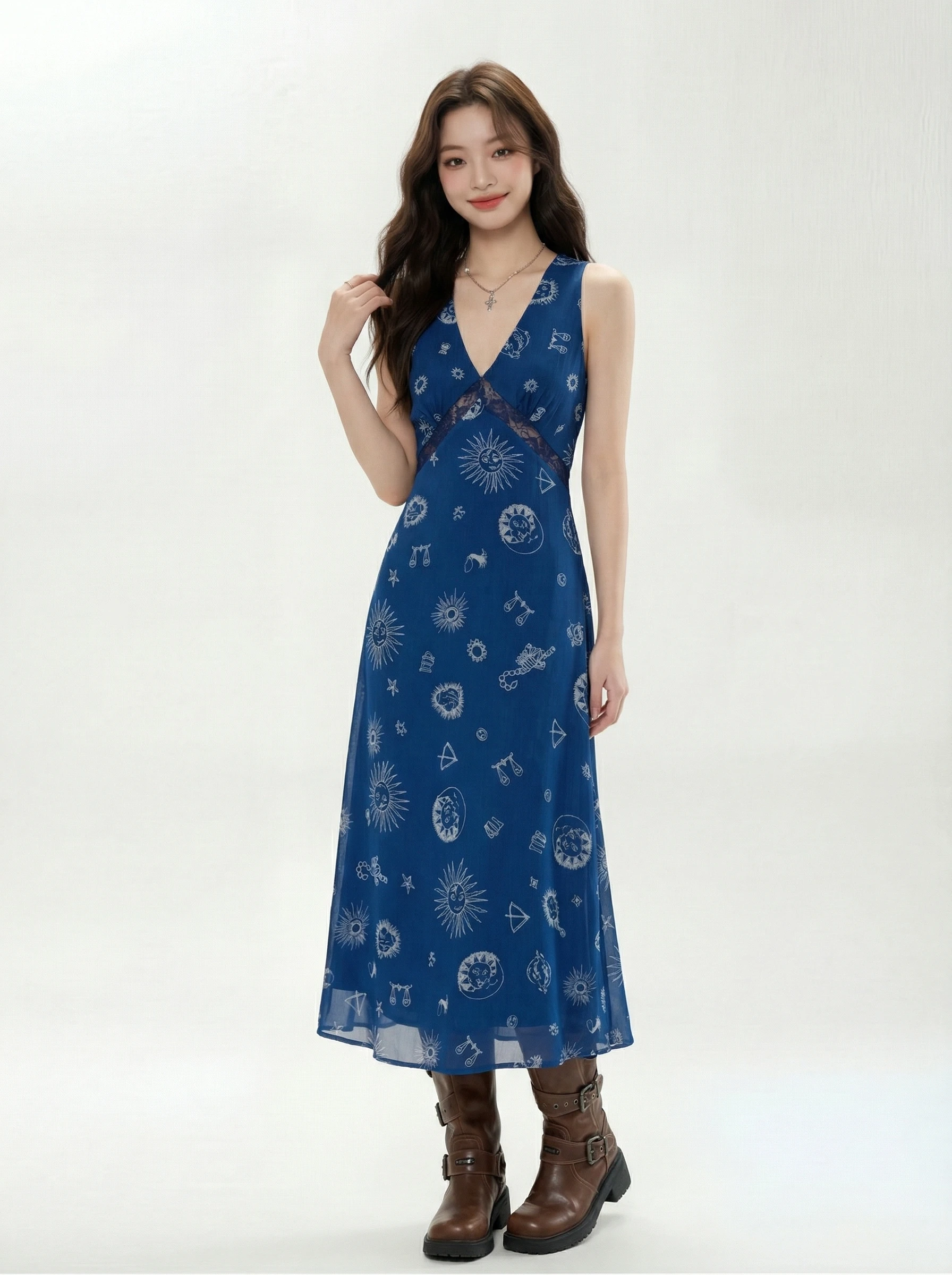 

Retro Blue V-neck Print Sleeveless Long Dress Women's Summer Design Sensation Small Audience City Commute Casual Wear