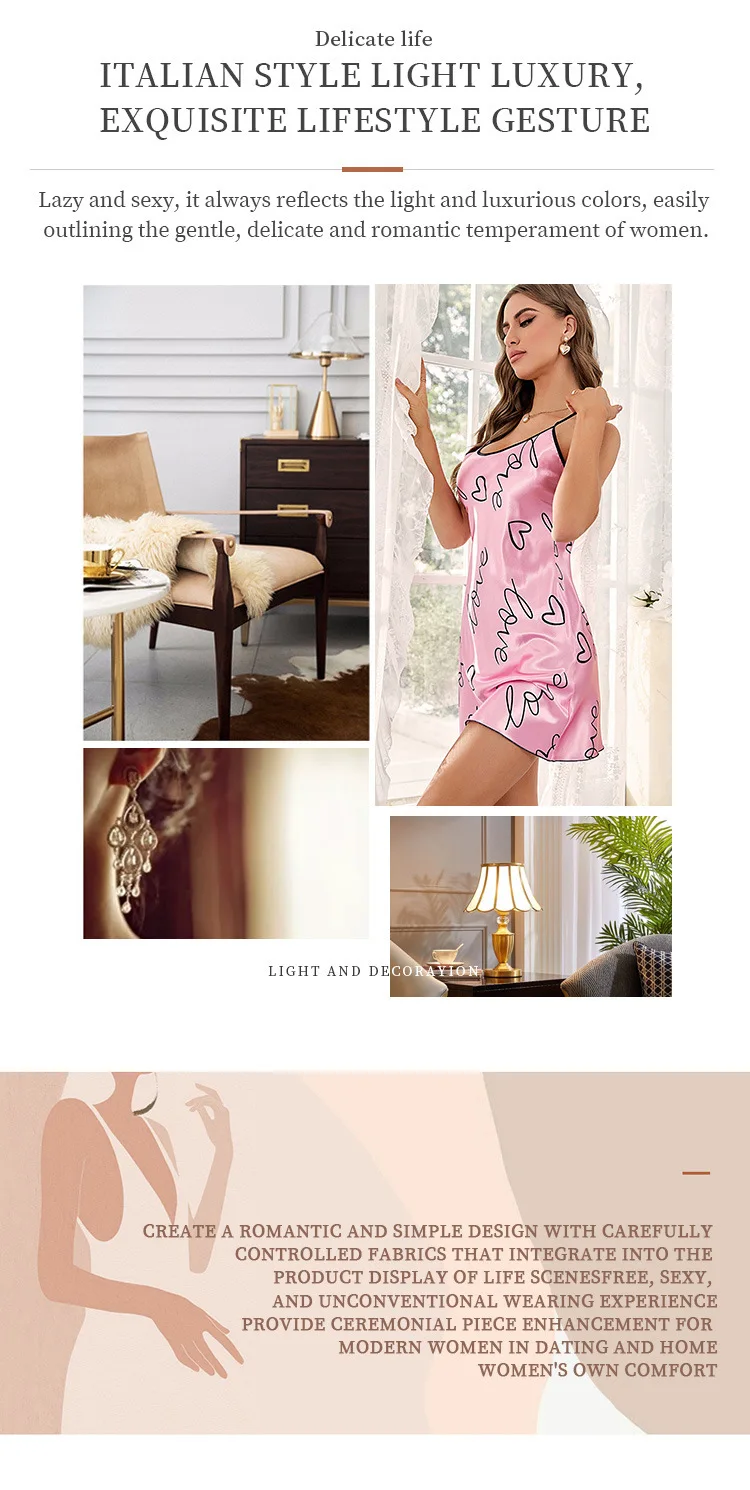 Sexy Nachtwäsche Damen Seide Neckholder Nachthemd Nacht Sexs Kleid Damen Hosenträger Pyjamas Rosa Loungewear Weiche Nachtwäsche Homewear – Detail 1