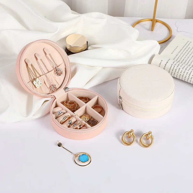 Circular Jewelry Storage Box Portable Jewelry Box PU Zipper Jewelry Ring Storage Small and Exquisite Gift Box