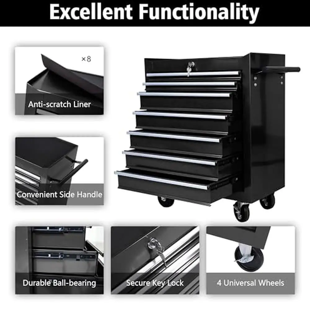 Tool Chest com Bandeja Organizadora, Divisor Set e Rodas, Rolling Tool Box, Steel Countertop, Garagem e Oficina de Armazenamento, 7 gavetas