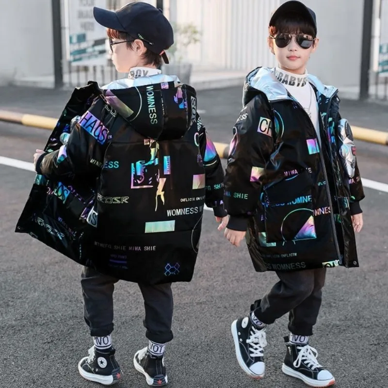 

2024 New Very Keep Warm Winter Boys Jacket Teenager Mid-Length Plus Velvet Thickening Hooded Cotton Coat for Kids 4-14 Years