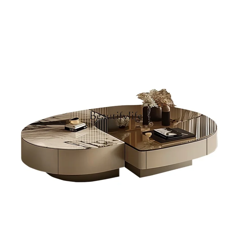 

LJYLight Luxury Tea Table Combination Splicing Living Room Stone Plate Glass Advanced Creative Strange Shape