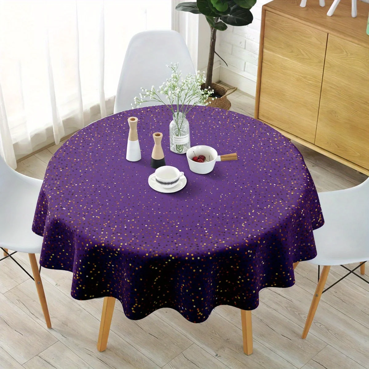 One elegant purple polyester tablecloth with golden dots - durable.