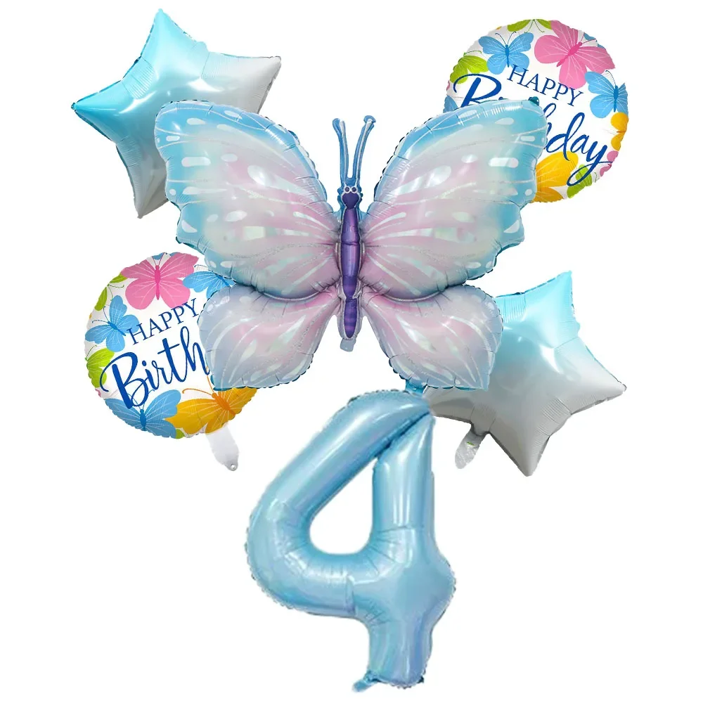 Grande borboleta Foil Balloons Set, balão colorido número, festa de aniversário e decoração do casamento, azul e rosa, 40 ", 6pcs