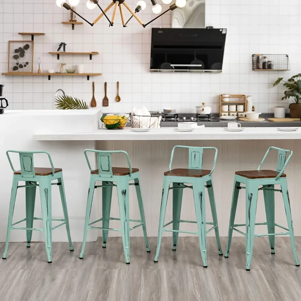 Bar Stools Set of 4 Counter Height Stools Industrial Metal Barstools with Wooden Seats(24 Inch, Distressed Green Blue)