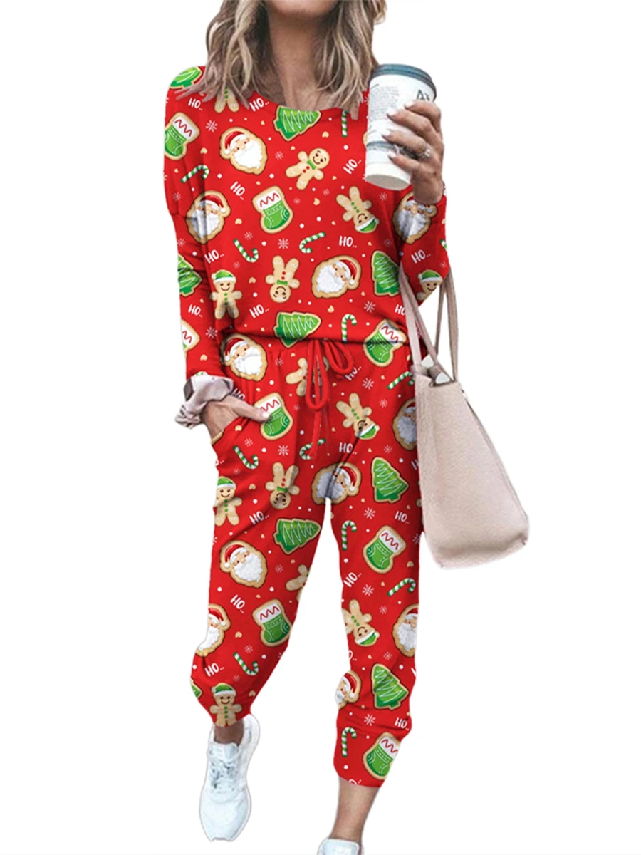 Women's Cozy Christmas Print 2-Piece Jogger Pajama Set Cartoon Print Long Sleeve Tops Drawstring Long Pants 2 Piece Loungewear