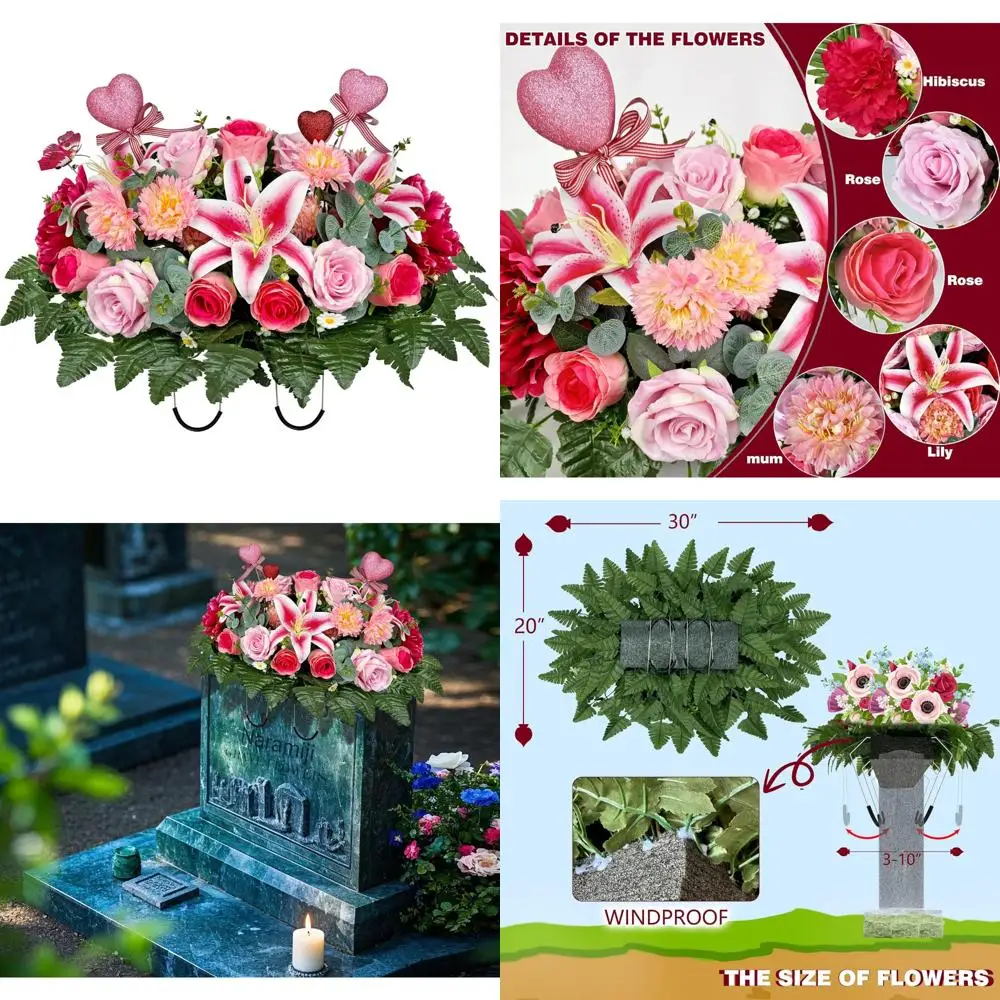 

Pink Roses Cemetery Flowers for Headstone Decorations - Sympathy Memorial Tributes and Headstone Flower Saddles