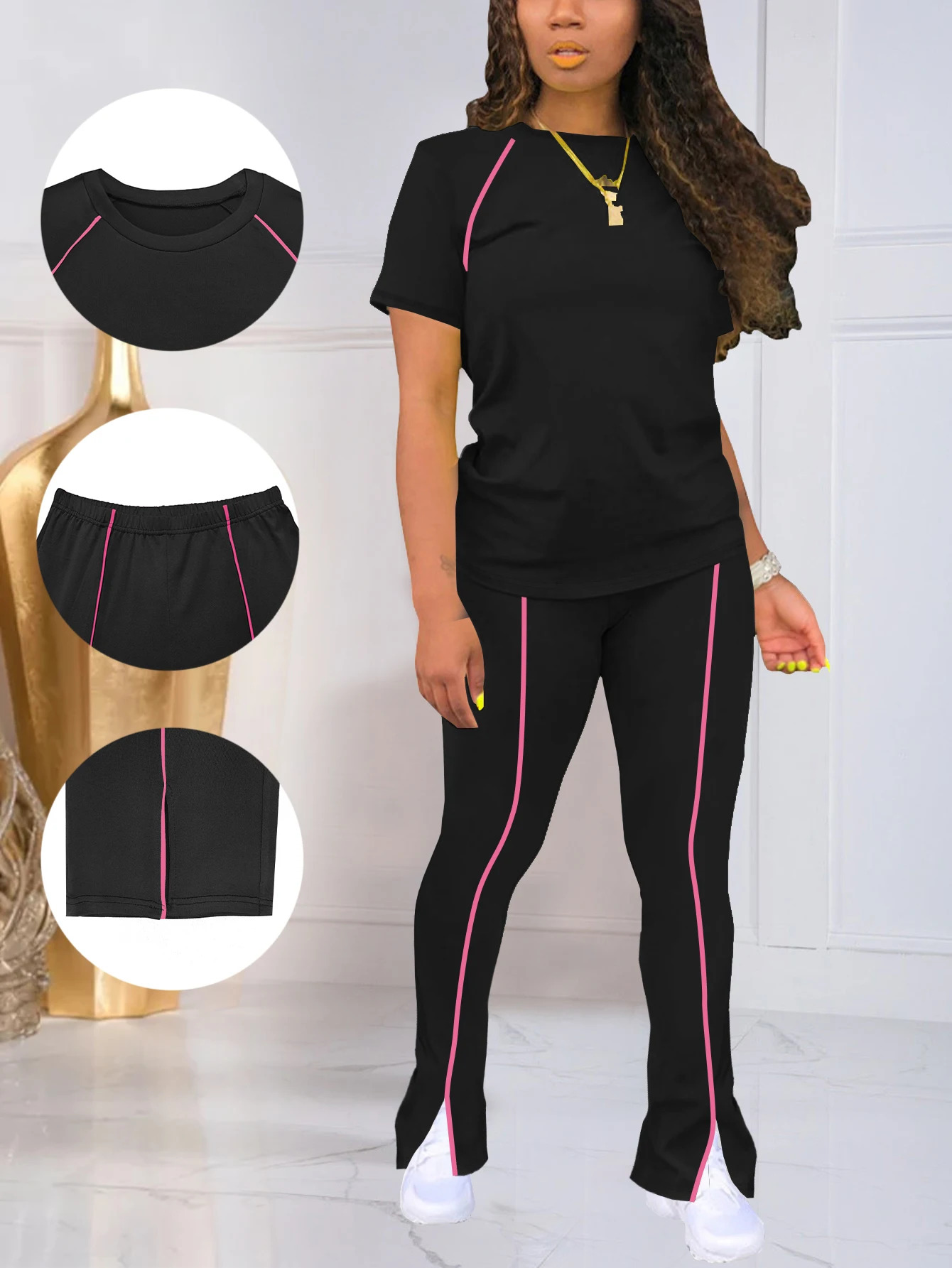 

Women's Summer Solid Color Round Neck Short Sleeve Long Pants Patchwork Set for Casual Home Wear