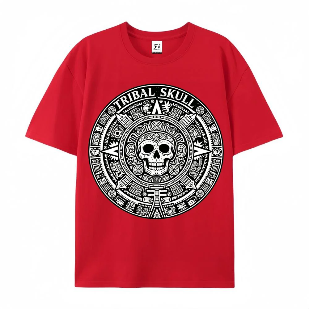 Men Women Tribal Skull Aztec Calendar Graphic Black T Shirt Vintage Retro Streetwear Tee