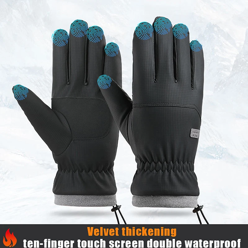 **1Pair Winter Cycling Gloves Men Motorcycle Warm Touch Screen Gloves Outdoor Waterproof Windproof Keep Warm Road Bike Gloves