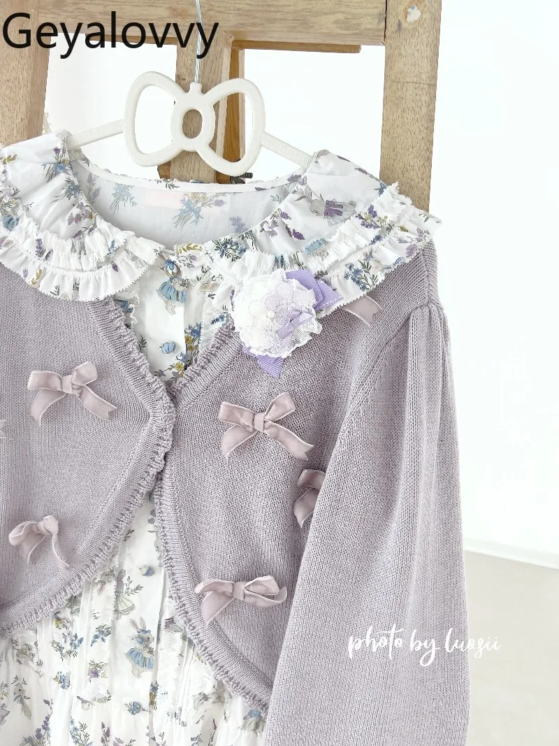 

Новинка 2026: Короткий кардиган в стиле Лолита, ретро-мода, милый дизайн для девушек, легко сочетается, с бантиками, длинными рукавами, короткий вязаный жакет