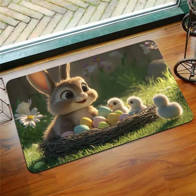 Entryway Cute Easter Decor Mat Fluffy Rabbit Chick Egg Nest Pattern Durable Holiday Home Decor Mat