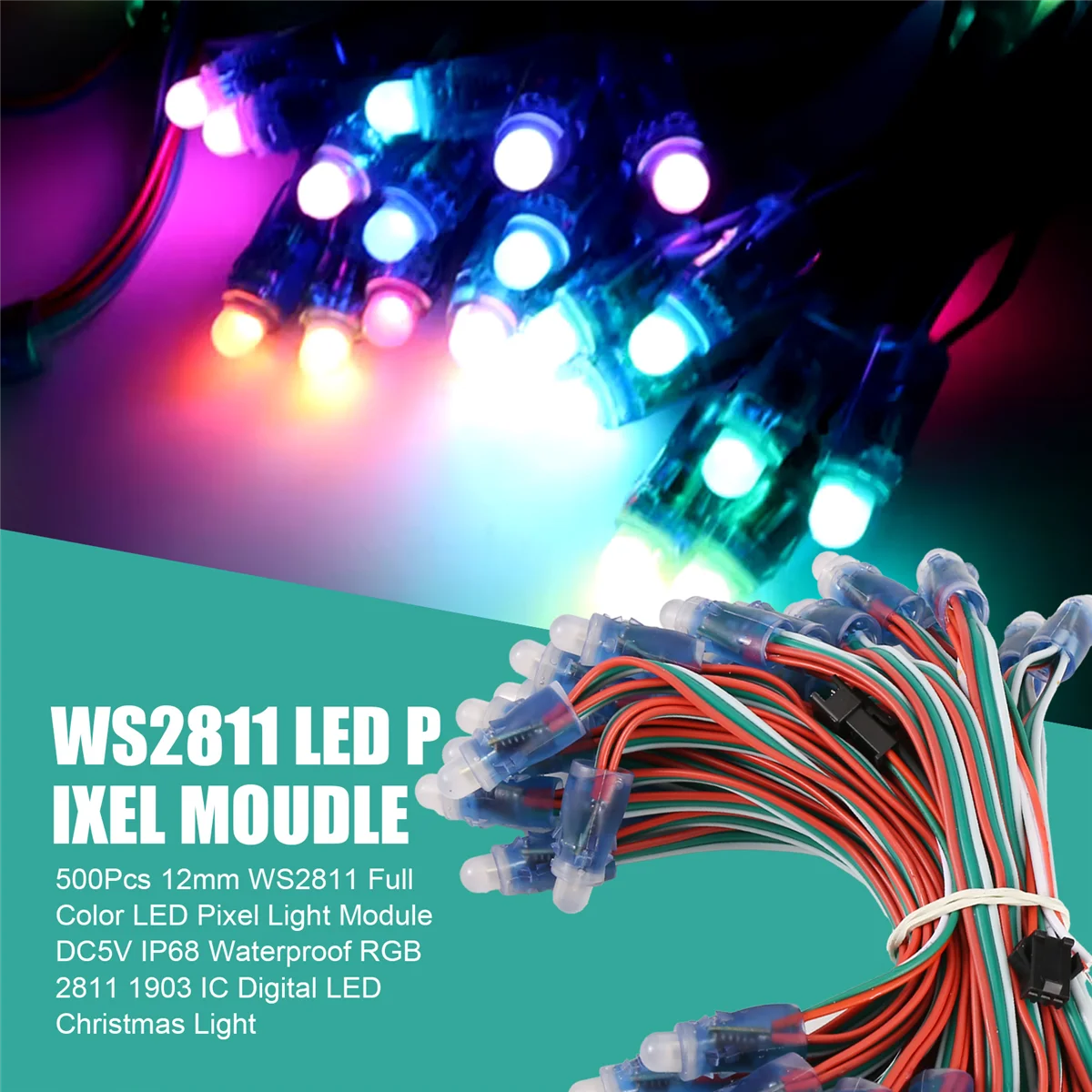 N82R 500Pcs 12mm WS2811 Módulo de luz de pixel LED colorido DC5V IP68 à prova d'água RGB 2811 1903 IC Digital LED Luz de Natal