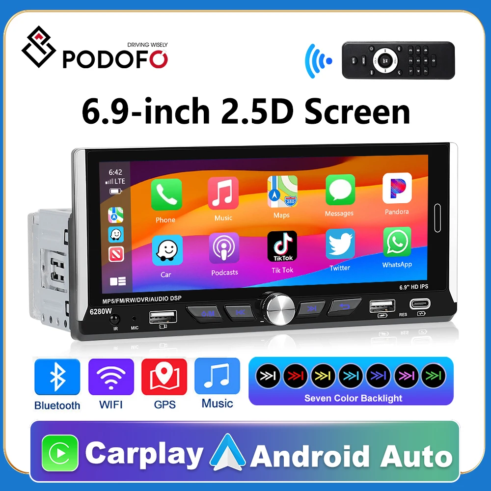 

Podofo GPS Car Stereo 2din Carplay Auto Android Radio MP5 Player with BT FM RDS Radio Receiver Suppport Rear Camera