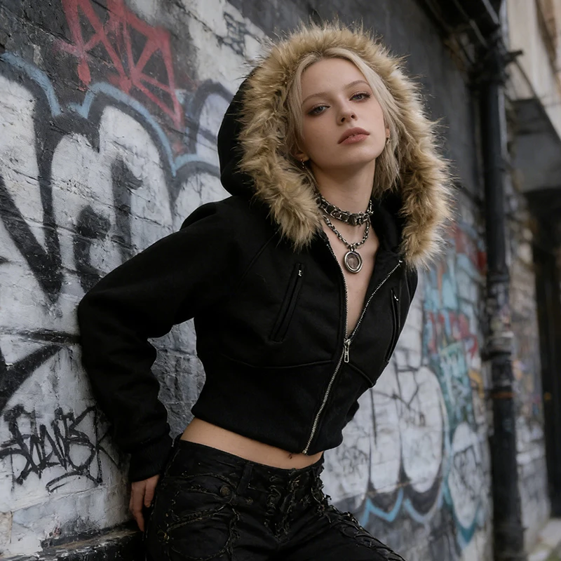 

Autumn Winter Creative Trend Streetwear Zipper Pocket Long Sleeve Slim Fur Collar Hoodie 2026 Spicy Girl Gothic Solid Color Coat