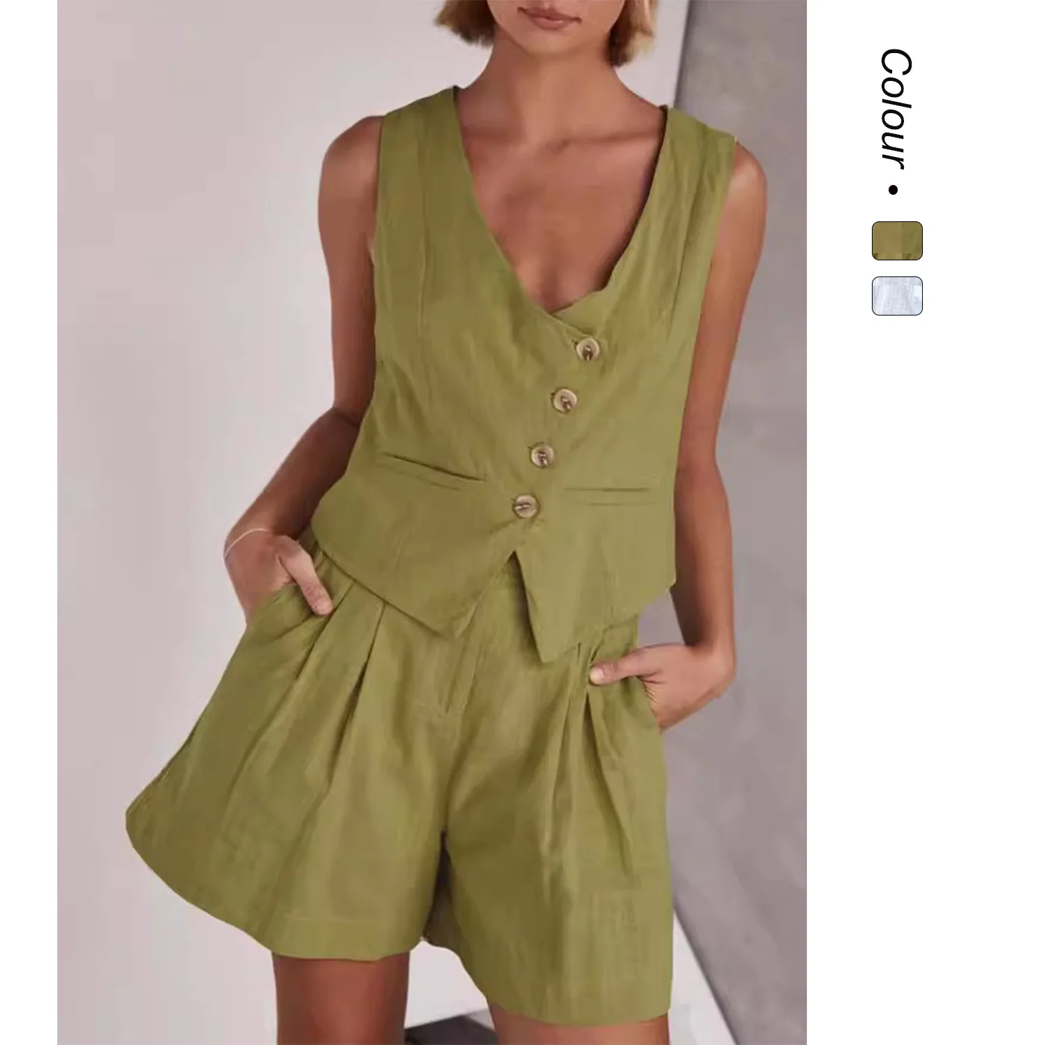 

Casual Faion Single-Button Vest ort Set Women's V-ne Summer Collection 2025 Ele Simple Design Chinese Manufacturer