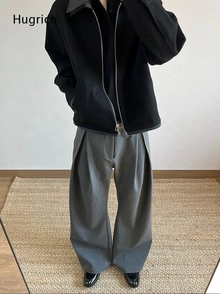 Dark Grey Double Pleated High Waist Wide Leg Pants Mens Office Wedding Business Formal Suit Trousers