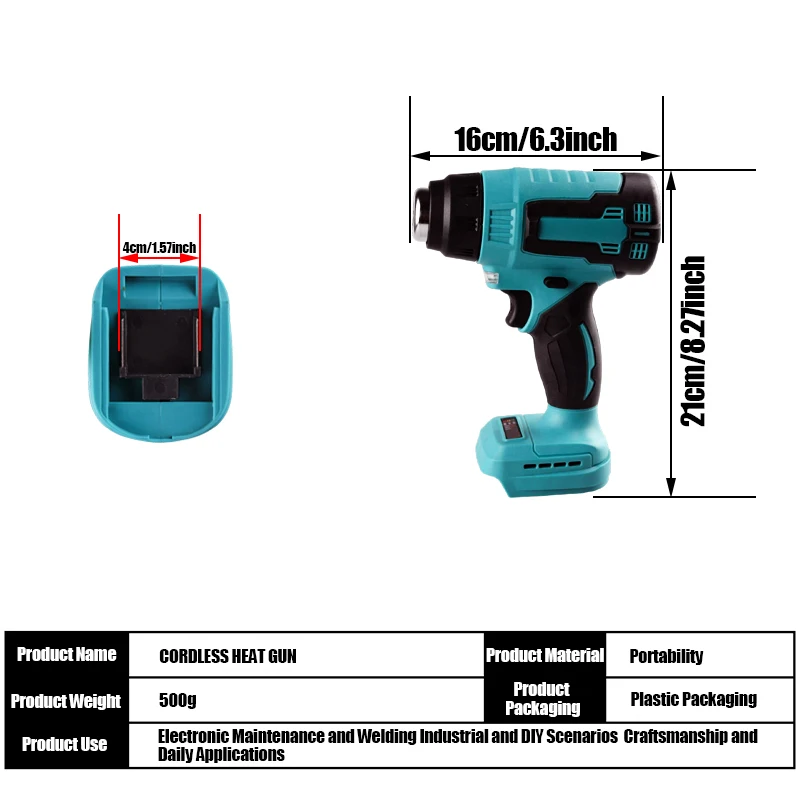 300W Cordless Hot Air Machine 380-400℃ Rechargable Li-Battery Quick Heating Heat Gun for Shrink Wrapping Heat Shrink Tube PVC