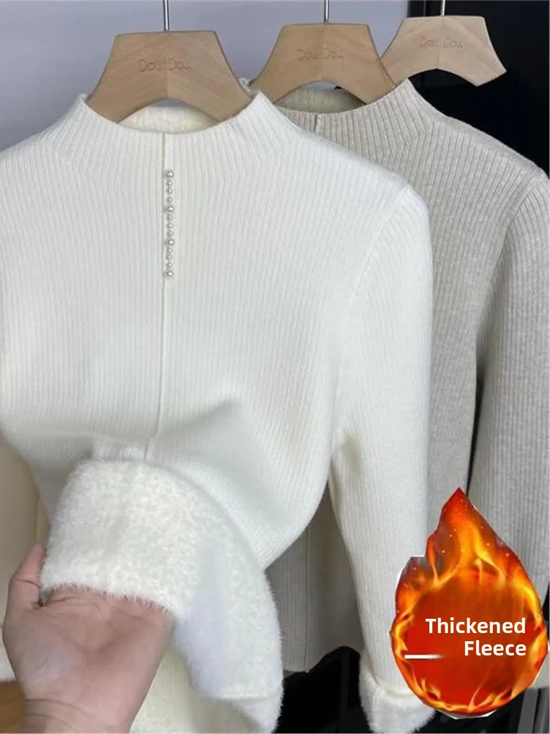 

Women's Knitted Half-High Collar Integrated Fleece Base Shirt Inner Wear Commute Style Slim Fit Long Sleeve Warm Thermal