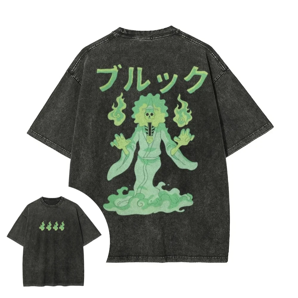 One Piece Herren- und Damen-T-Shirt im Used-Look, Brook Clothing, Sommer- und Frühlings-Anime-Klassiker, Retro Distressed Kurzarm-Shirt