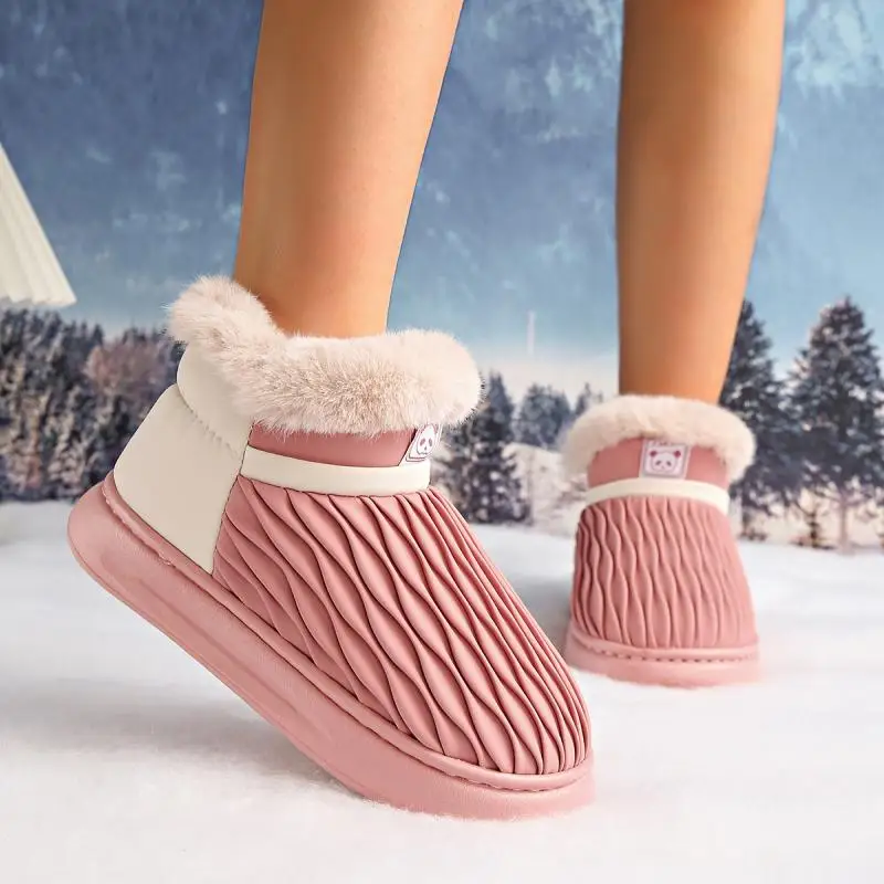 Botines cortos de felpa para mujer, botas de nieve con plataforma gruesa y suave, con pliegues geométricos, cómodos y cálidos, zapatos de algodón de colores mezclados