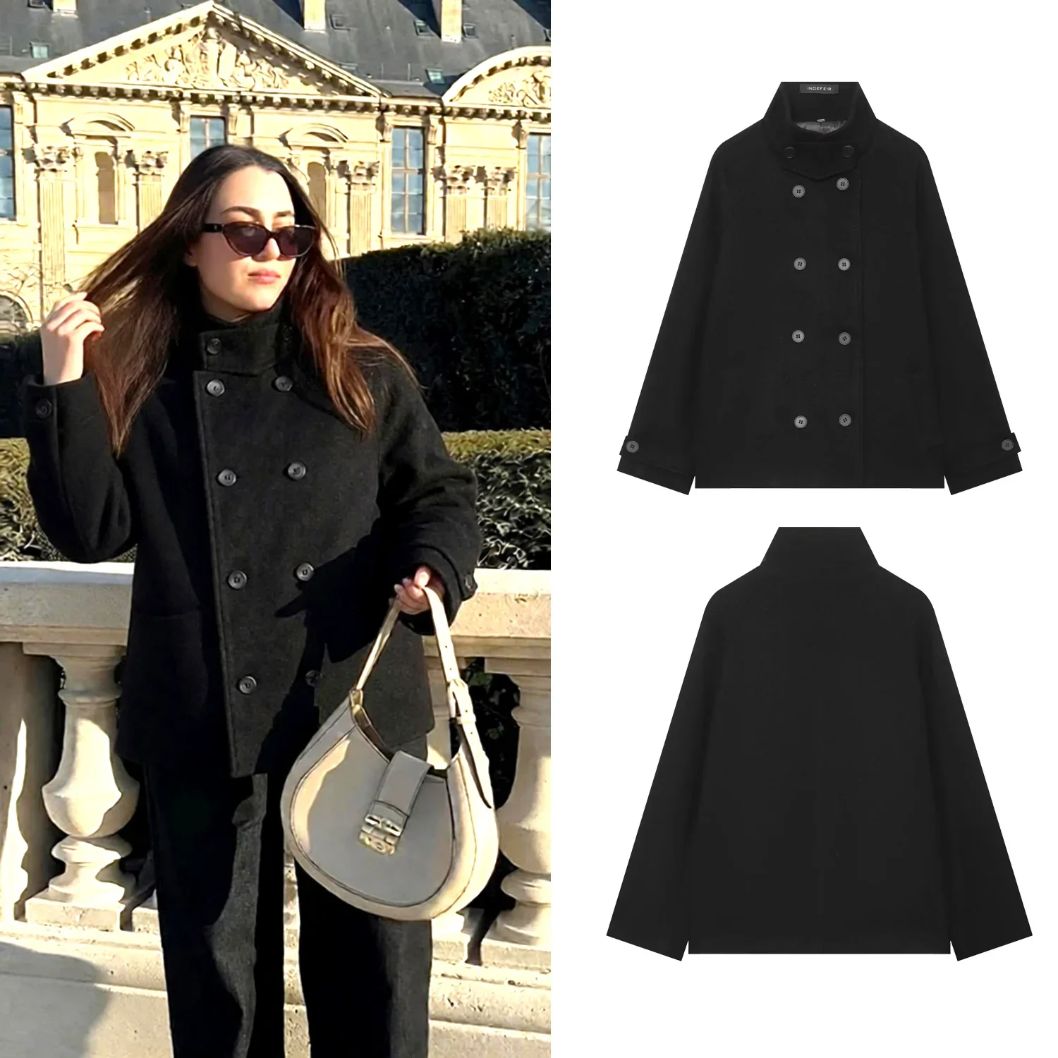 Black Woolen Women Coat Autumn Winter Female Stand Long Sleeves Double Breasted With Pockets Lady Loose Casual Jacket Overcoat