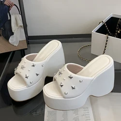 Liyke High Quality Cozy Soft Leather Wedges Heels Platform Slipper Women Fashion Metal Rivets Designer Sandal Female Party Shoes