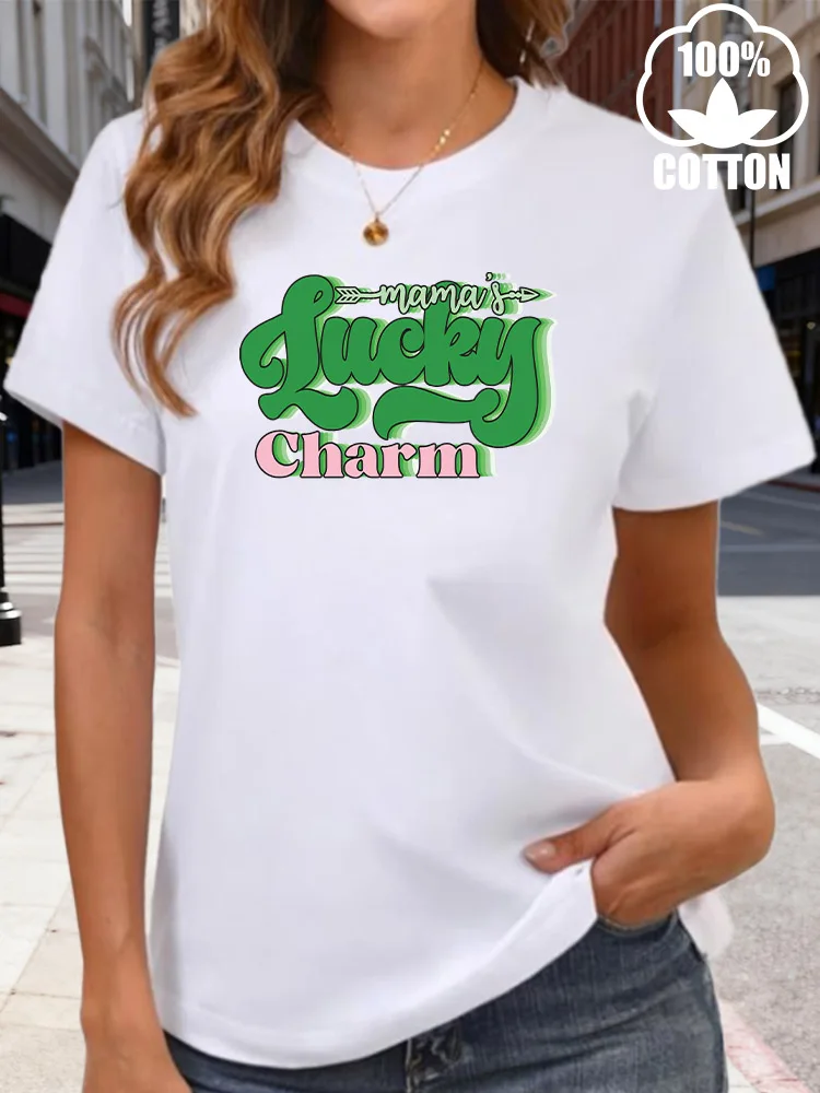 

Mama's Lucky Women's Graphic T-Shirt 180g Cotton Crew Neck Short Sleeve Tee Casual Summer Daily Wear