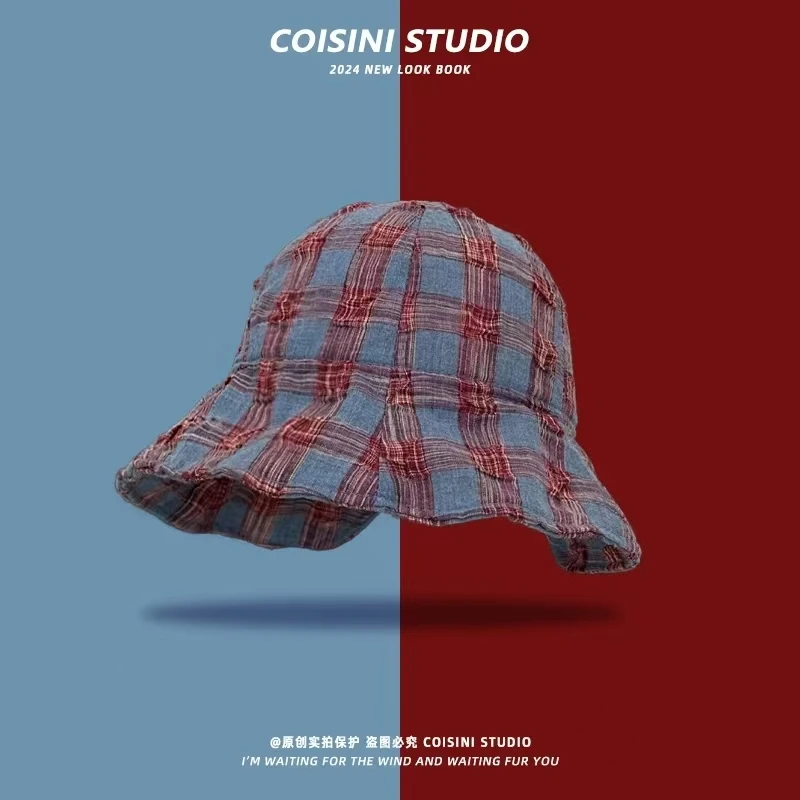 

Retro Plaid Rear Split Bucket Hats Women Spring and Summer Casual Versatile Show Face Small Literary Basin Caps