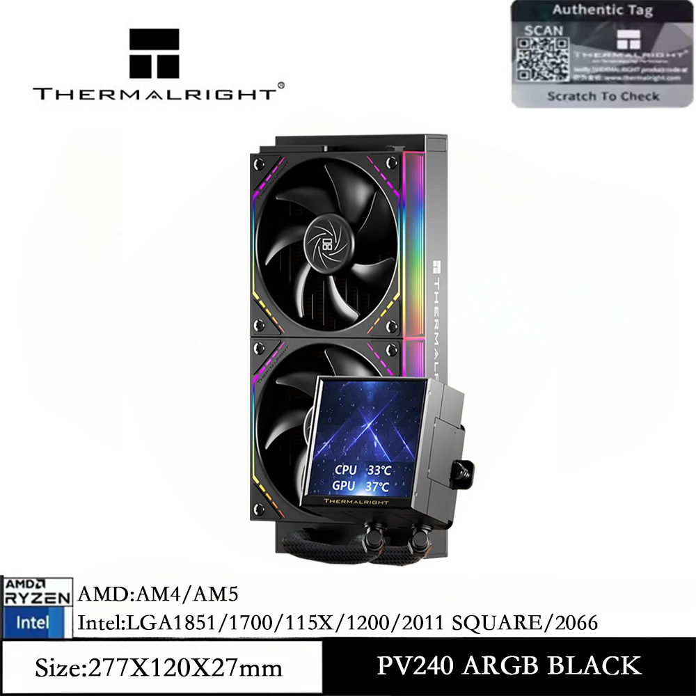 써멀라이트 피어리스 비전 240 ARGB 블랙 CPU 수냉 쿨러, DIY 설치, 온도 표시, 저소음, LGA 1851/1700/AM5/AM4