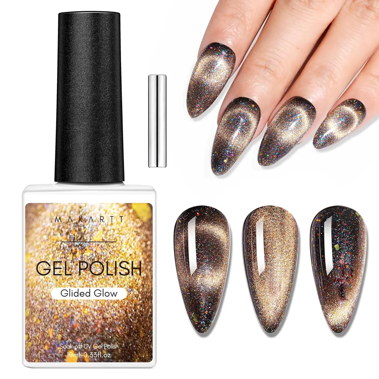 

Makartt Cat Eye Gel Nail Polish Universal Rainbow Holographic Gel Polish Bronze Gaze Sparkly Glitter Unique Magnetic Effect Nail