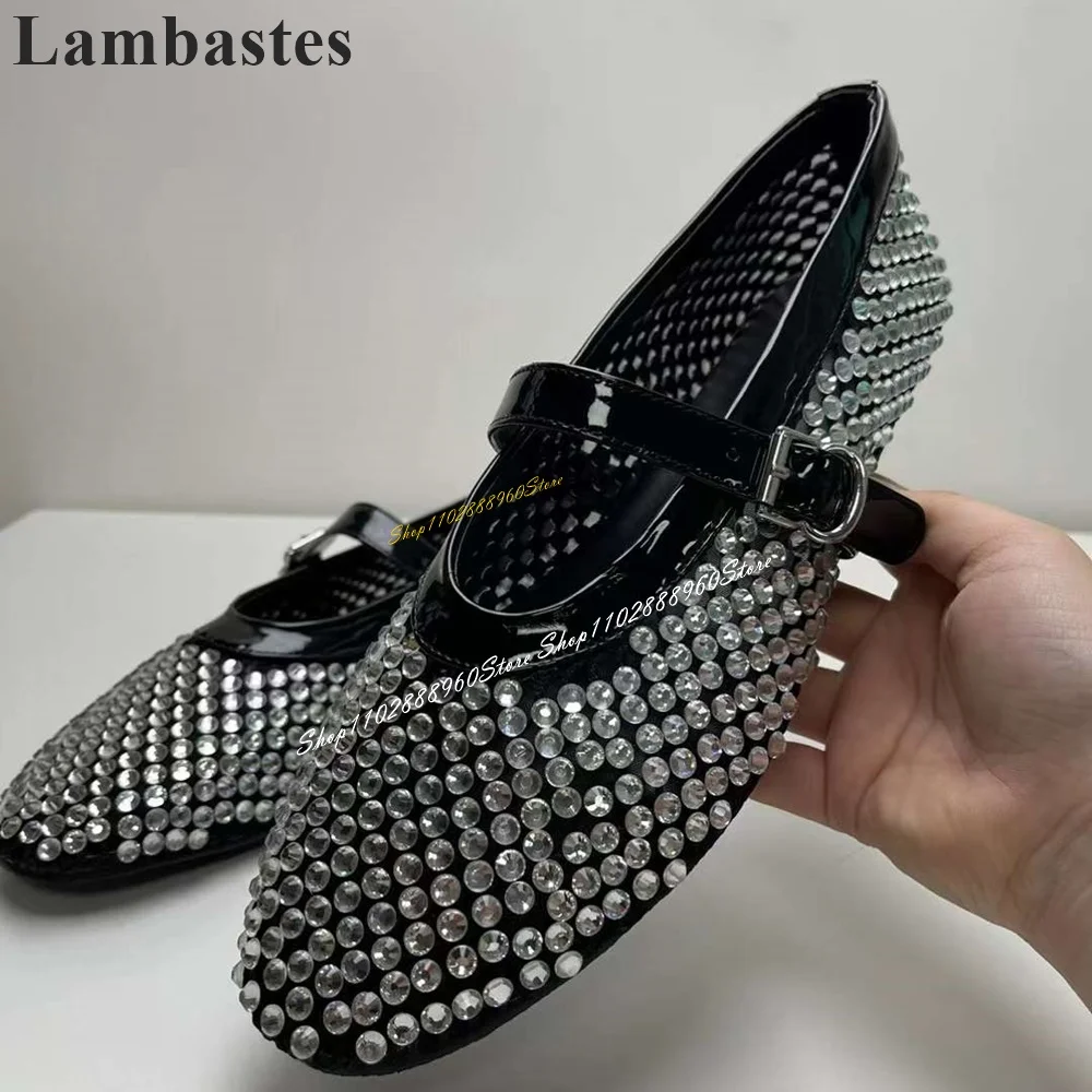 

Stylish Sparkling Black Crystal Shallow Pumps Flat With Shoes For Women Buckle Strap Round Toe 2024 Fashion Zapatos Para Mujere