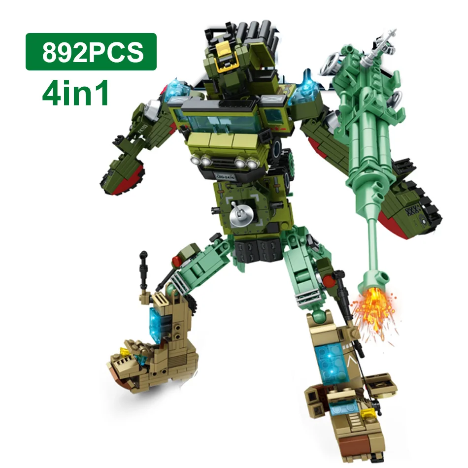 892pcs 4 in 1 Military Transformation Robot Mecha Building Blocks Tank Army Truck Vehicle Bricks Toys For Children