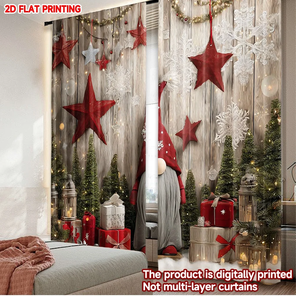 2D-Flachdruck, 2 Stück, Weihnachts-Heißvorhänge, Weihnachtszwerg mit Sternen, digital bedruckte Polyester-Vorhänge, Partydekorationen für