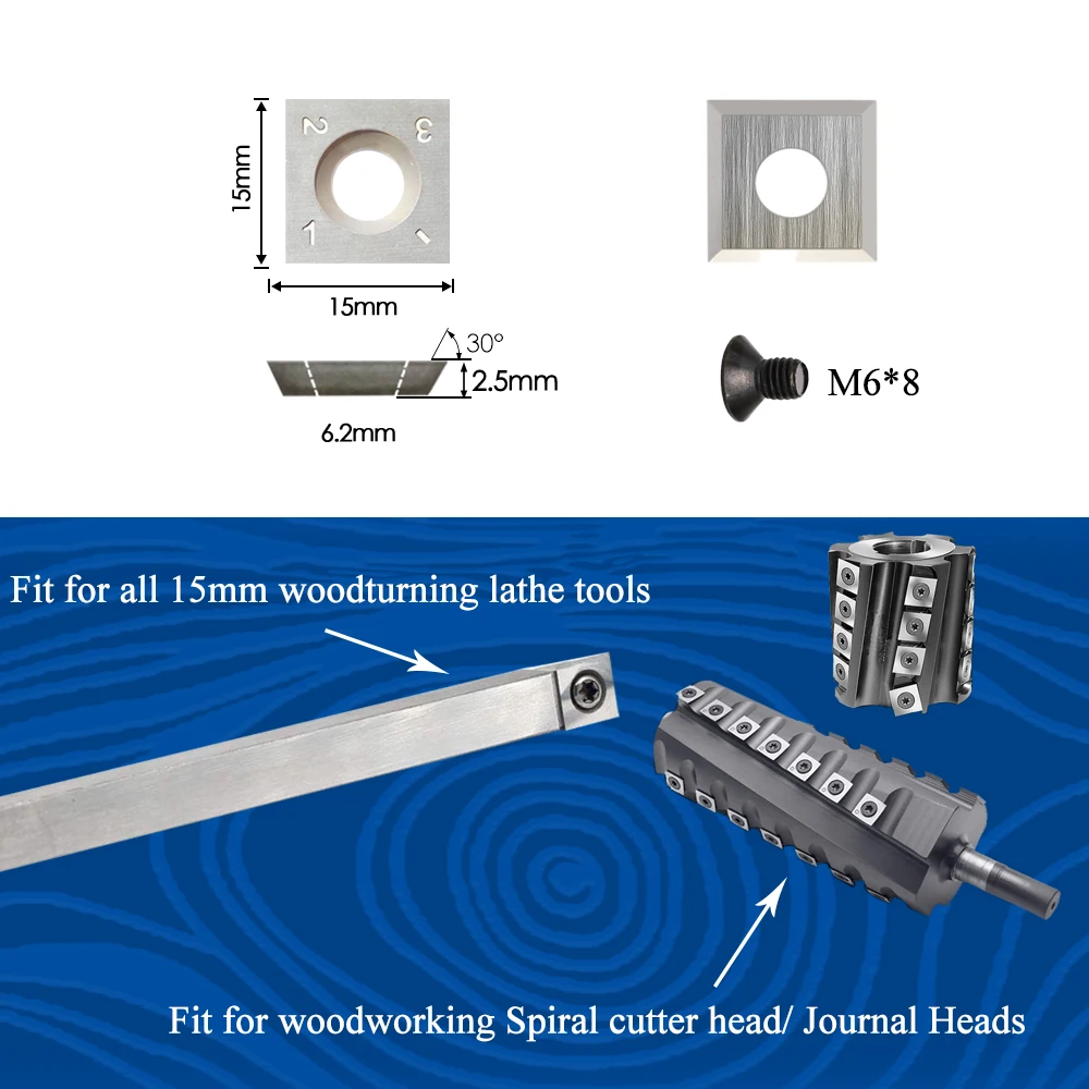 15x15x2.5mm Carbide Inserts Cutters for Woodworking Spiral Helical Planer Head and Lathe Turning Tools