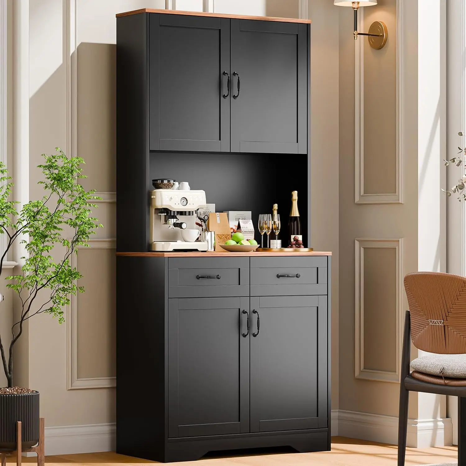 

Pantry Cabinet, Farmhouse Kitchen Hutch Cabinet with Storage Drawers Freestanding Coffee Bar Liquor Sideboard Large Countertop C